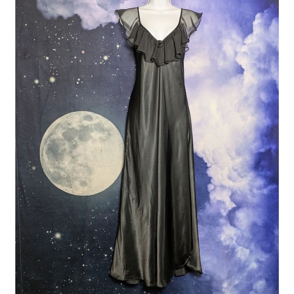 Black Satin Ruffle Maxi Dress Sheer Flutter Rose Goth Whimsigoth Vintage 14 16